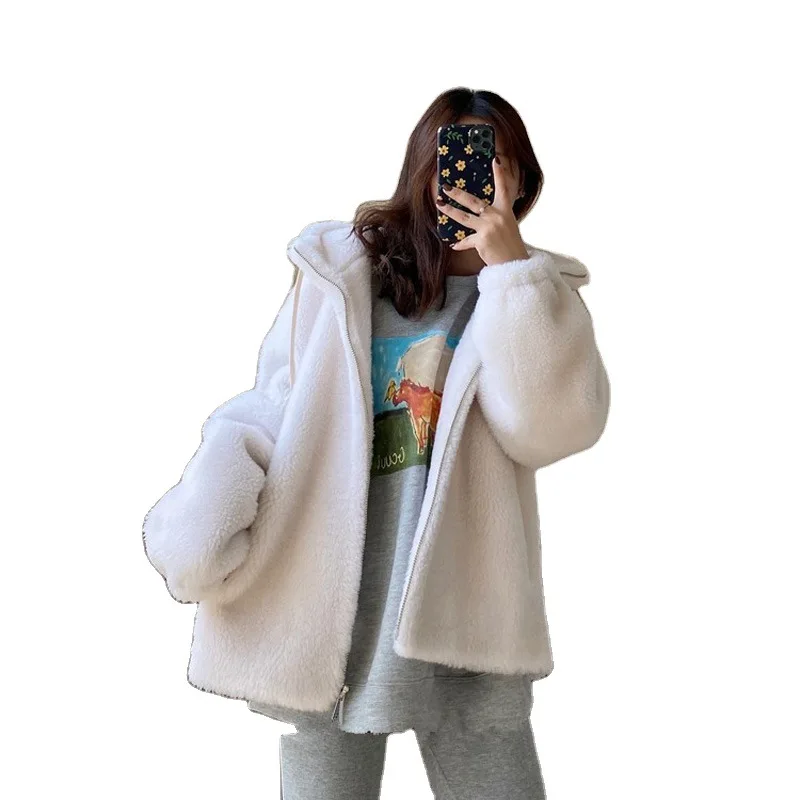 New Long Hooded Loose Wool Shearling Coat Women\'s Fur One-piece Granular Velvet Fur Coat