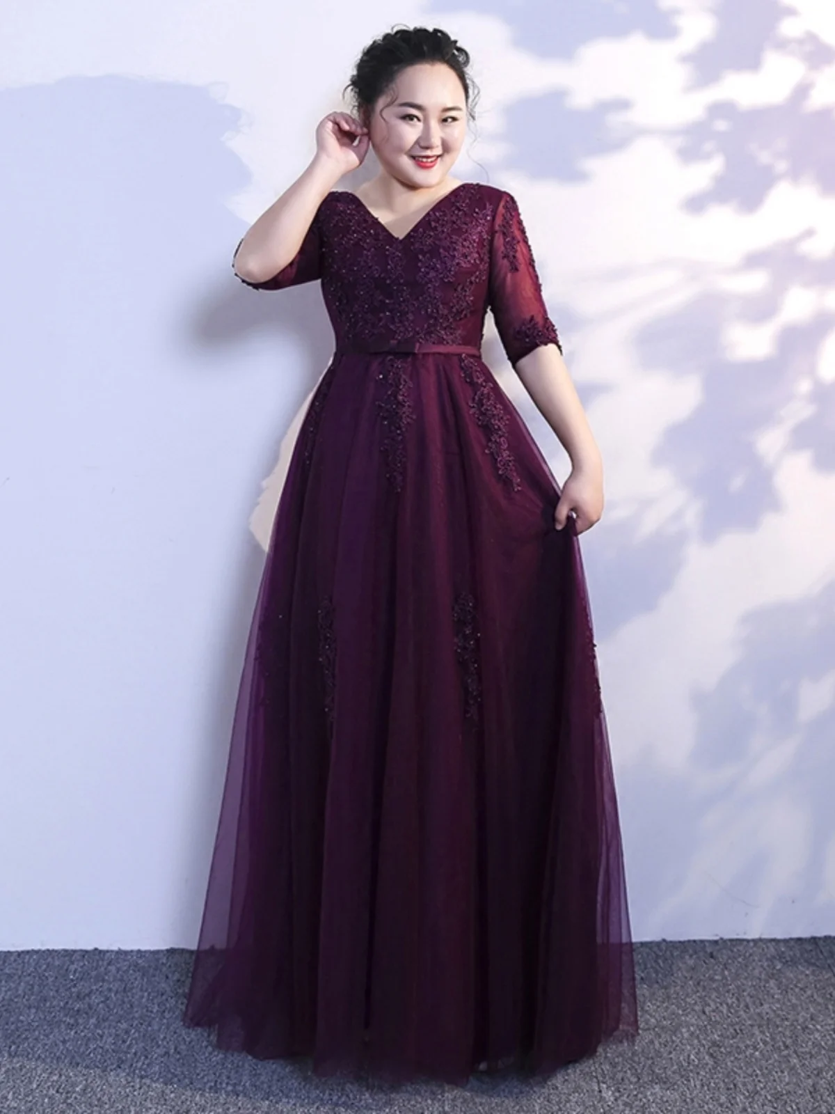 

plus Size Women's Long Evening Gown Sweet Sle Embroidered A-Line Skirt Deep V-Ne Five-Sve for Cany Yearly Meeting P...