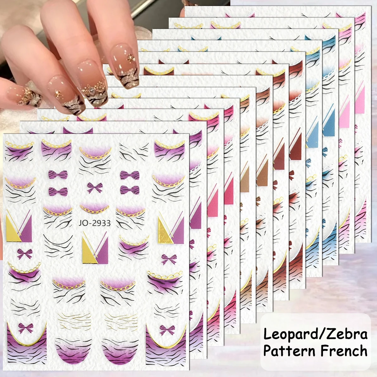 

2/3/6/12 Sheets 3D Leopard Zebra French Tip Nail Stickers Animal Print Bow Self Adhesive Nail Decals