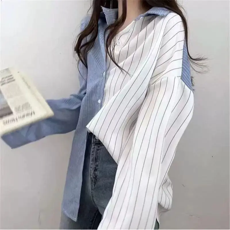 Fashion Striped Shirt Women's Spring and Autumn Loose Stitching Single-Breasted Ladies Blusas Casual Top Female Blouses