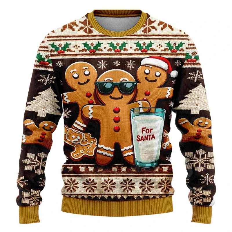 Family Matching Winter Christmas Sweater Cool Surfing Gingerbread Man Print Crew Neck Parent‑Kid X‑Mas Holiday Party Pullover
