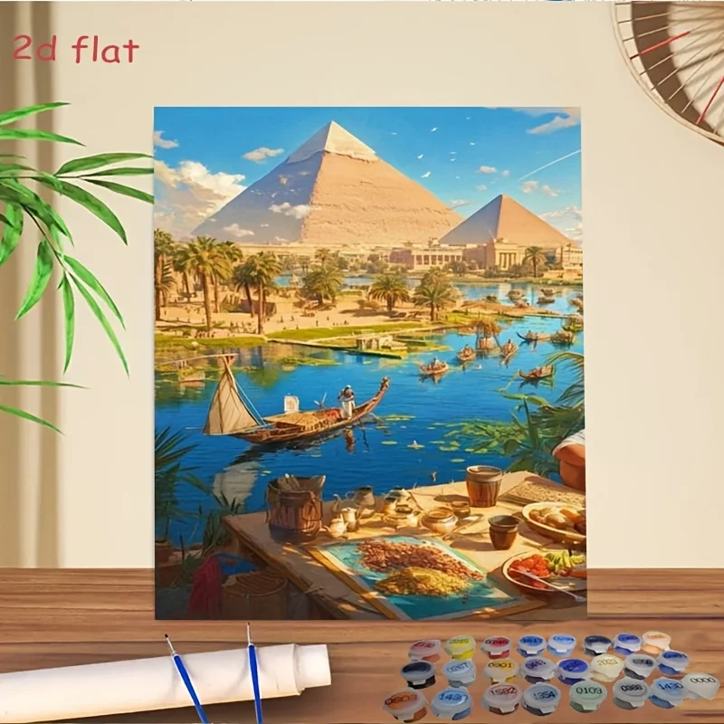 A Digital Painting Kit, Professional Art Use 'Egyptian Pyramid Landscape with Food And Boat Scene' Allows You to Express Your Th