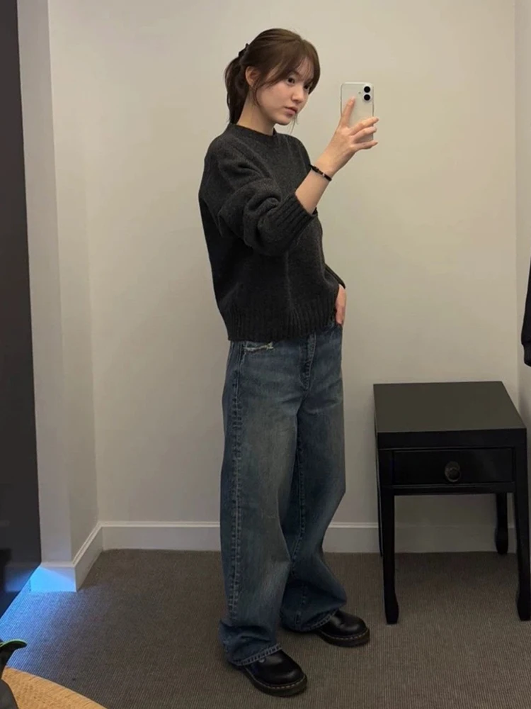 Leichte Wa-Jeans mit lockerem, geradem Bein für Damen, Vintage-Stil, hohe Taille, Baumwollmischung, bequem, atmungsaktiv, für den Pendelverkehr