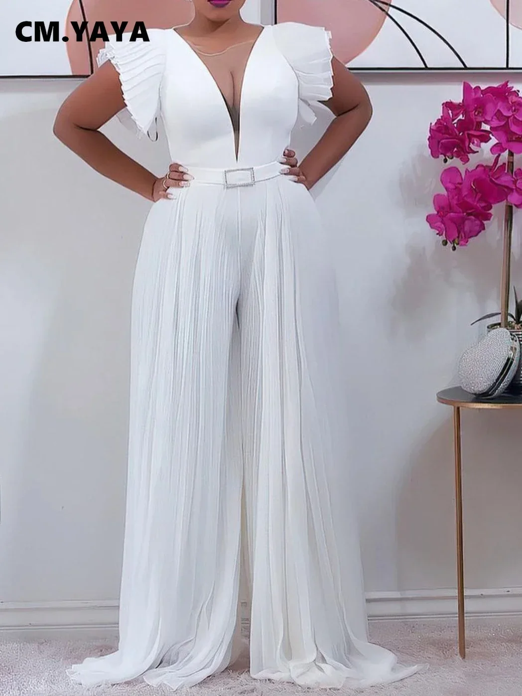 FANAN Elegant Mesh Patchwork Pleated Wide Leg High Waist V-neck Flare Sleeve Women Jumpsuit 2022 Summer Party Playsuit Overall