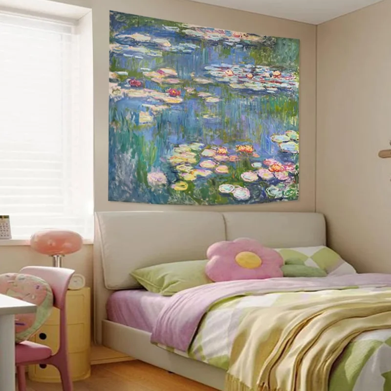 VIKAMA Monet Impressionist Water Lilies Tapestry with Oil Painting Texture for Bedroom Headboard Feature Wall, Art Decoration