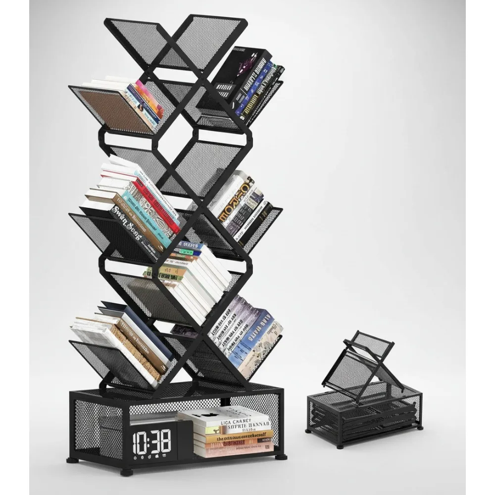 

9-уровневая компактная книжная полка в виде дерева, металлическая полка для хранения без установки для гостиной, кабинета, домашнего офиса