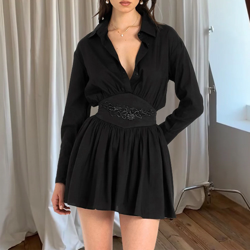 

Talenza Black Deep V Pleated Mini Dress Women's Solid Long Sleeve Pleated Lapel Party Mini Dress Slim Pullover A-Line Mini Dress