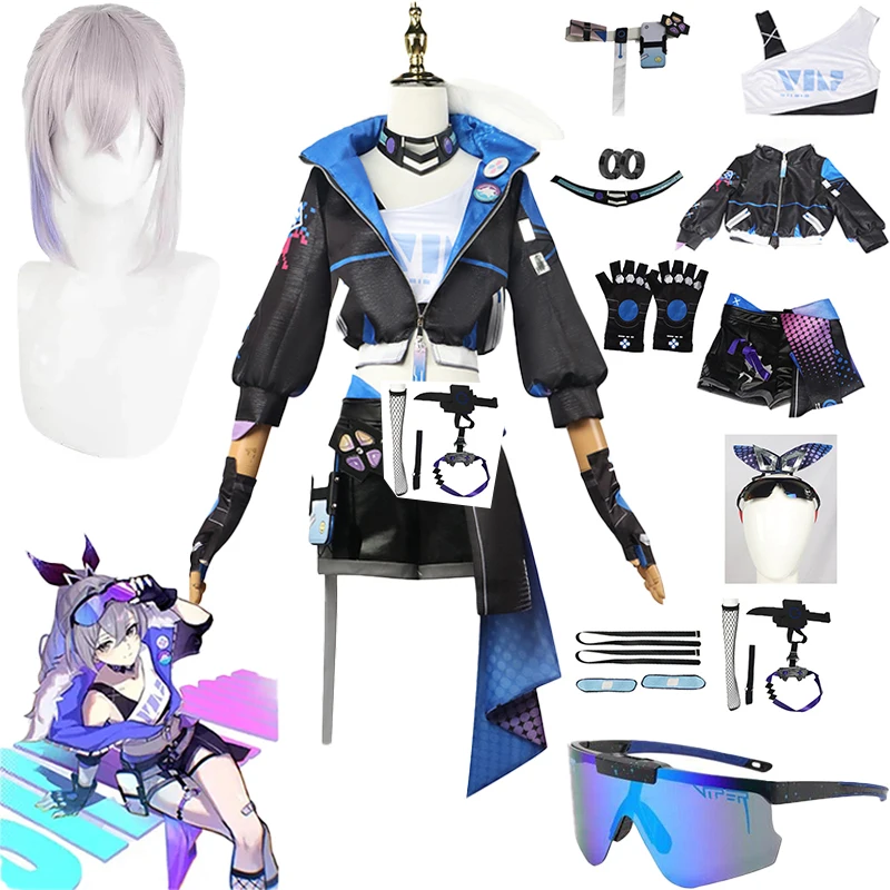 Honkai Star Rail Silber Wolf Cosplay Kostüm Perücke Spiel Uniform Brille Ohrringe Stellar Jäger Hacker Halloween Party Frauen