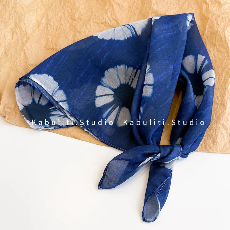 Tie Dye Blue Square Scarf for Women Triangle Head Wrap Sun Protection Hair Band Non Slip Soft Lightweight Breathable Daily Use