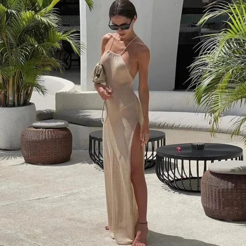 Women Bikinis Cover-ups Elegant Halter Beachdress 2024 Sexy Knitted Cover Up Beach See Through Maxi Slit Bodycon Summer Dresses