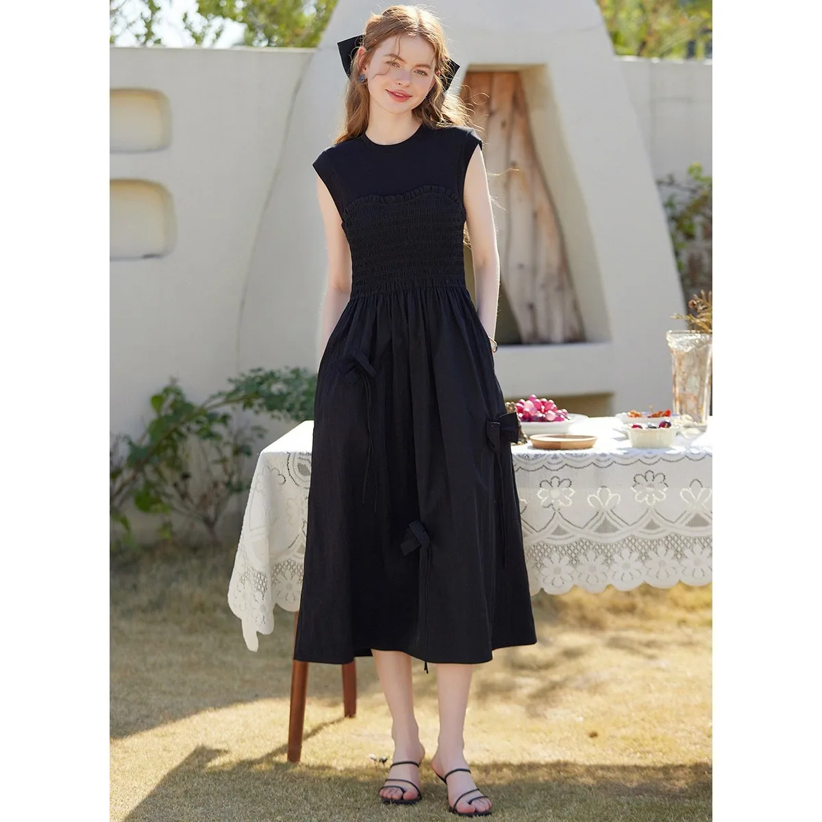 LOUISYAO Elastic Drawstring Sleeveless Dress Women 2025 Summer Gentle Sweet Bow Decoration Slim Long Dress Daily Outfits