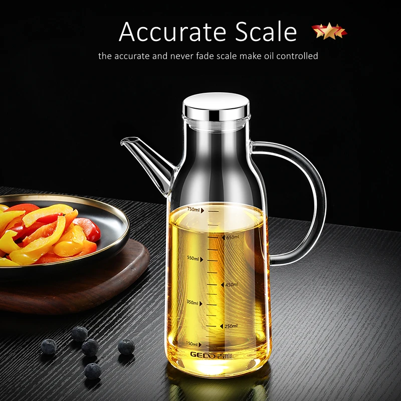 GEDO Ultra Hard Kitchen Glass Oil Kettle Fall Resistant Transparent Oiler 750ml Sanitary Soy Sauce Vinegar Condiment Container