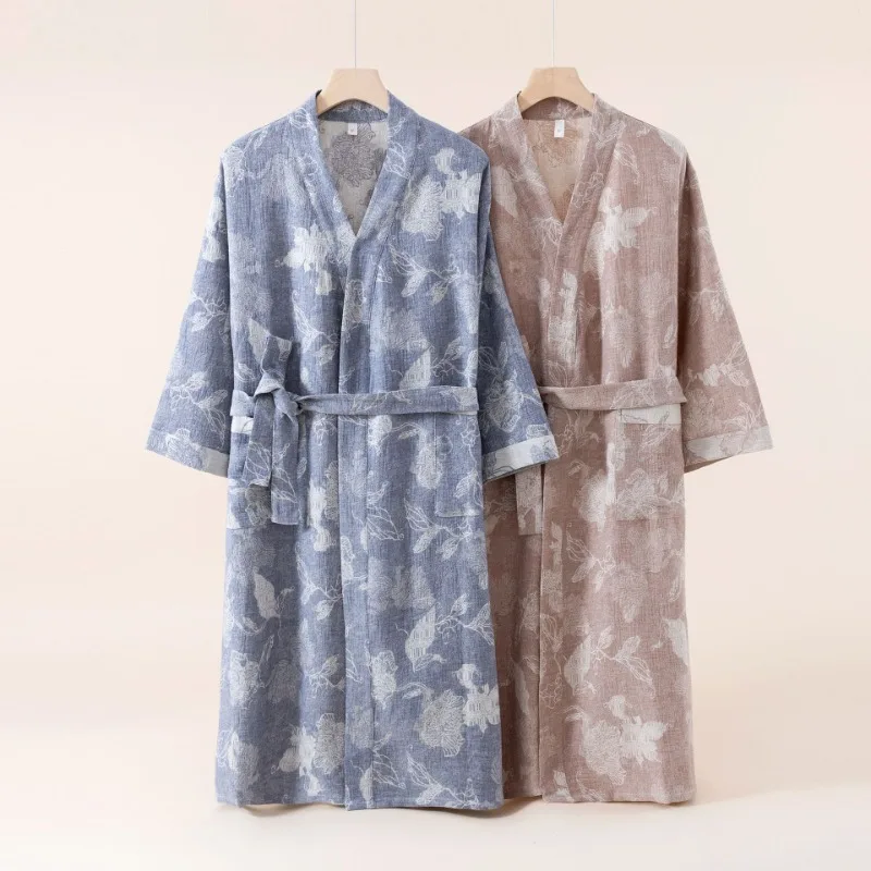 

2025 Cotton and Linen Nightgown Thin Long Lace-up Bathrobe Casual Loose Women's Bathrobe V-Neck Japanese Kimono Robe