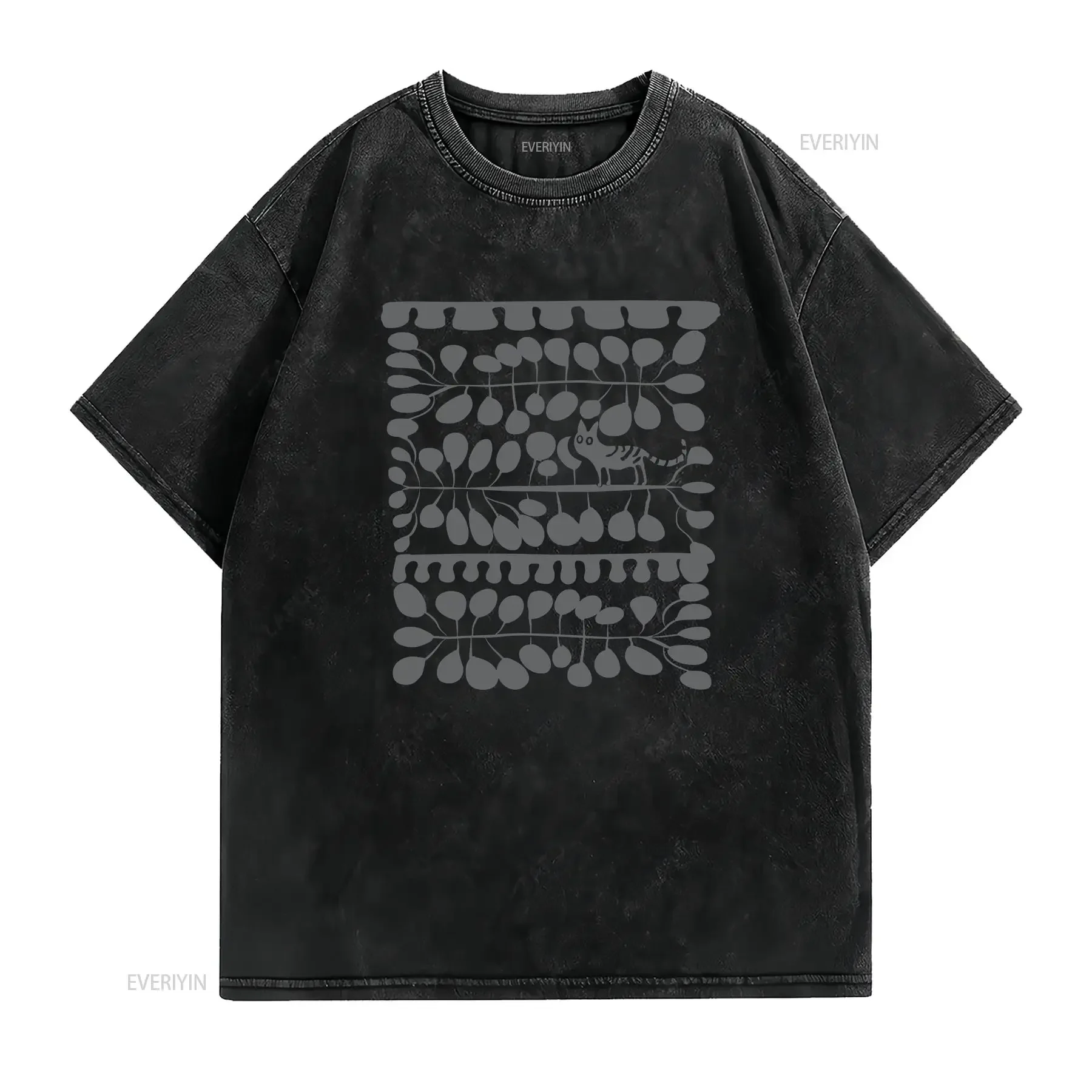 Abstract Botanical plus Cat T Shirt Wood Block Garment Dyed Hidden tee Modern Design vintage Washed Breathable graphic