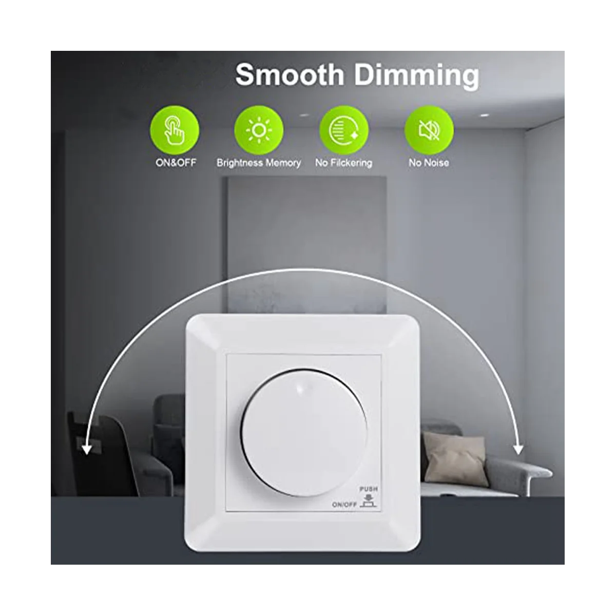 LED Dimmer Switch, Flush-Mounted Dimmer for Dimmable LED and Halogen, 5-300 W Dimmer Switch LED, Phase Control Dimmer