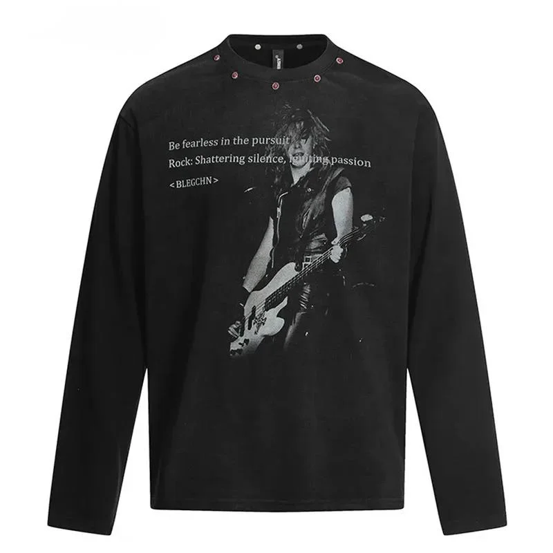 2025 Round Neck Men's Shirt Metal Decoration Long Sleeve Print Design Contrast Color Male Tops P0XE