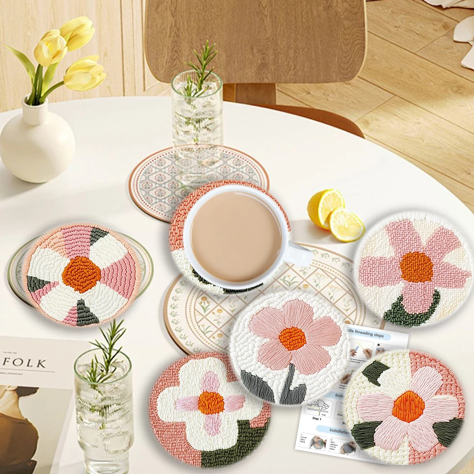 

CHENISTORY DIY Flower Pattern Punch Needle Embroidery Coaster Suitable For Beginners Handmade Embroidery Set Room Decoration