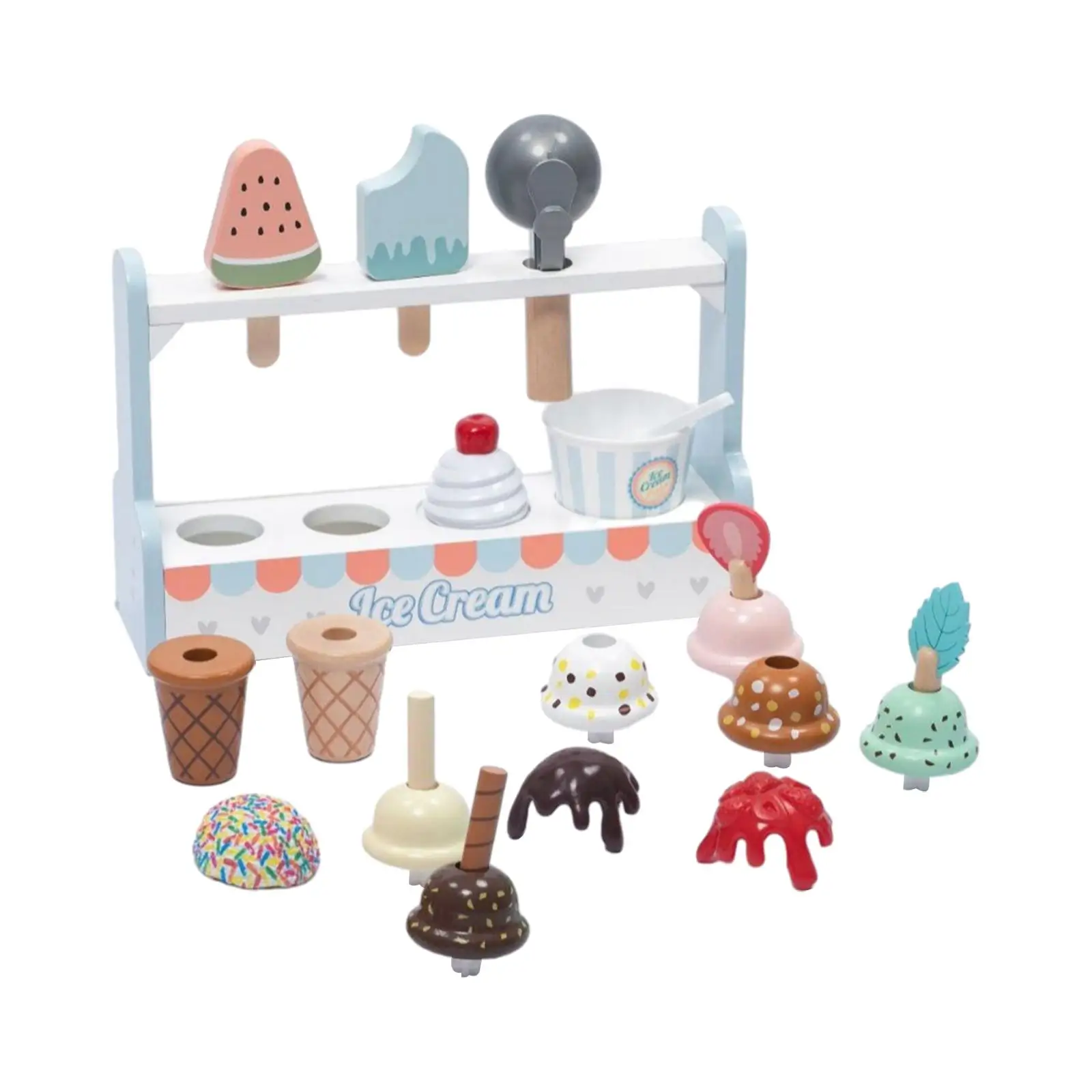 Wooden Ice Cream Set with Wooden Stand Food Toys Set for Children Kids Gifts