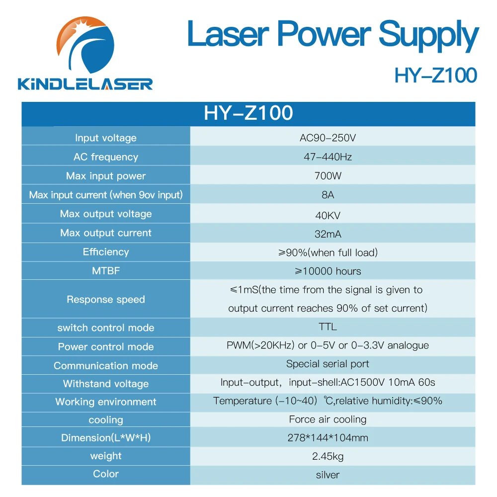 Kindlelaser HY-Z100 100W Alimentatore laser CO2 Serie Z con cavo AC90-250V Tubo EFR per tubo laser CO2 Reci Yongli Spedizione veloce