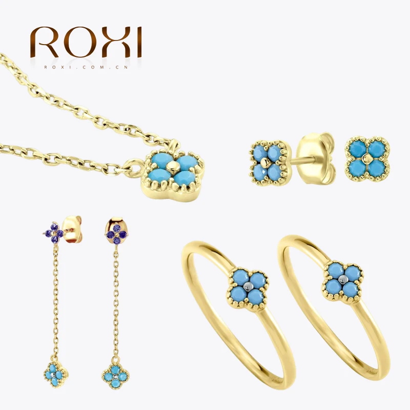 ROXI S925 Sterling Silver Turquoise Clear Zircon Petal-shaped Jewelry Set Finger Rings Necklace Stud Earrings For Women kolczyki