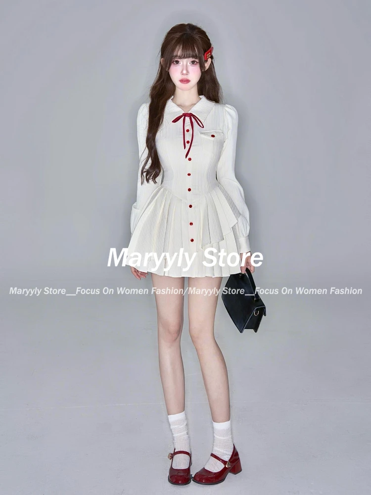 Autumn Preppy Style Sweet Long Sleeve Mini Dresses Women Elegant Bow Evening Praty Dress Korean Fashion Vintage Shirt Dress New