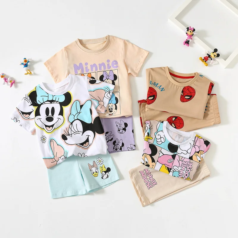 Disney Sets for Summer Kids Girl Boy Short Sleeves Round Collar Mickey Mouse Spider Man T-shirt+Shorts Holiday Outfits K5963