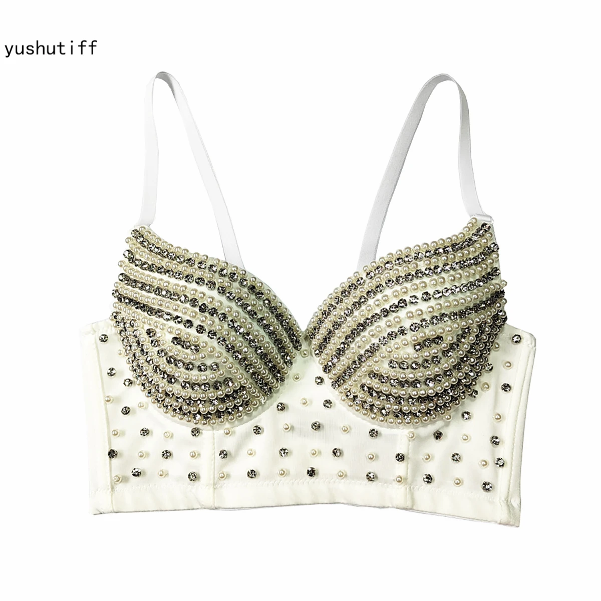 

Women Crop Top With Built-in Bra Pearls Rhinestones Corset Female Sexy Ladies Party Bustier Push Up Bra
