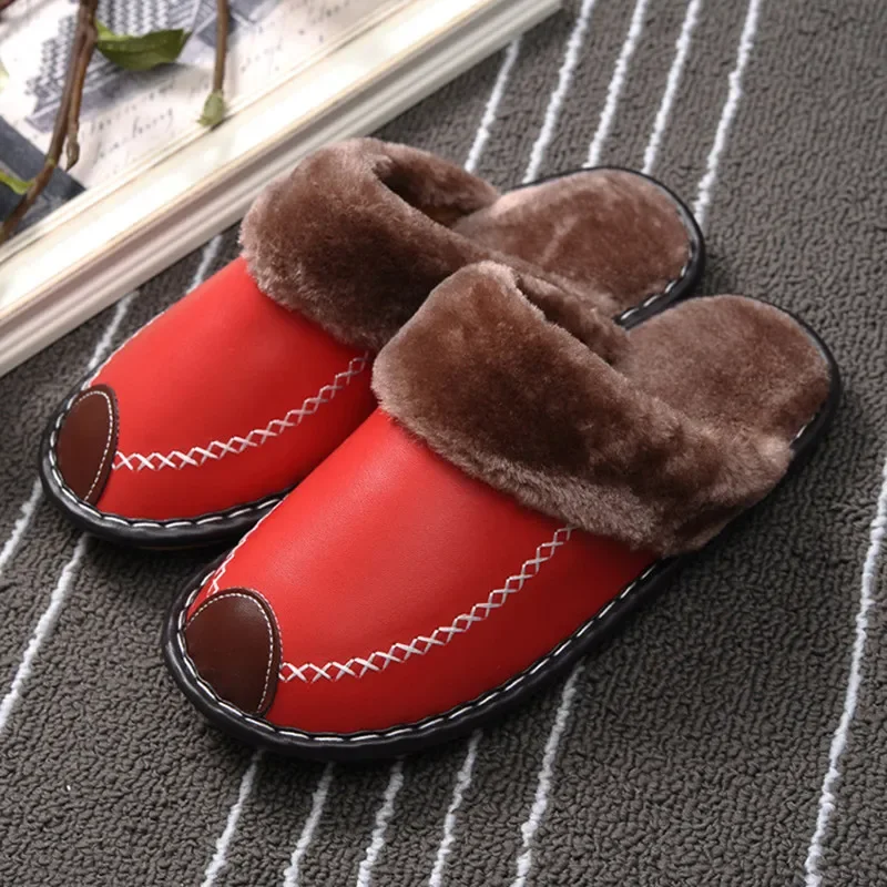 Waterproof Leather Slippers Men Cotton Shoes Home Slippers Soft Bottom Footwear Non-Slip Indoor Warm Plush Winter Women Slippers