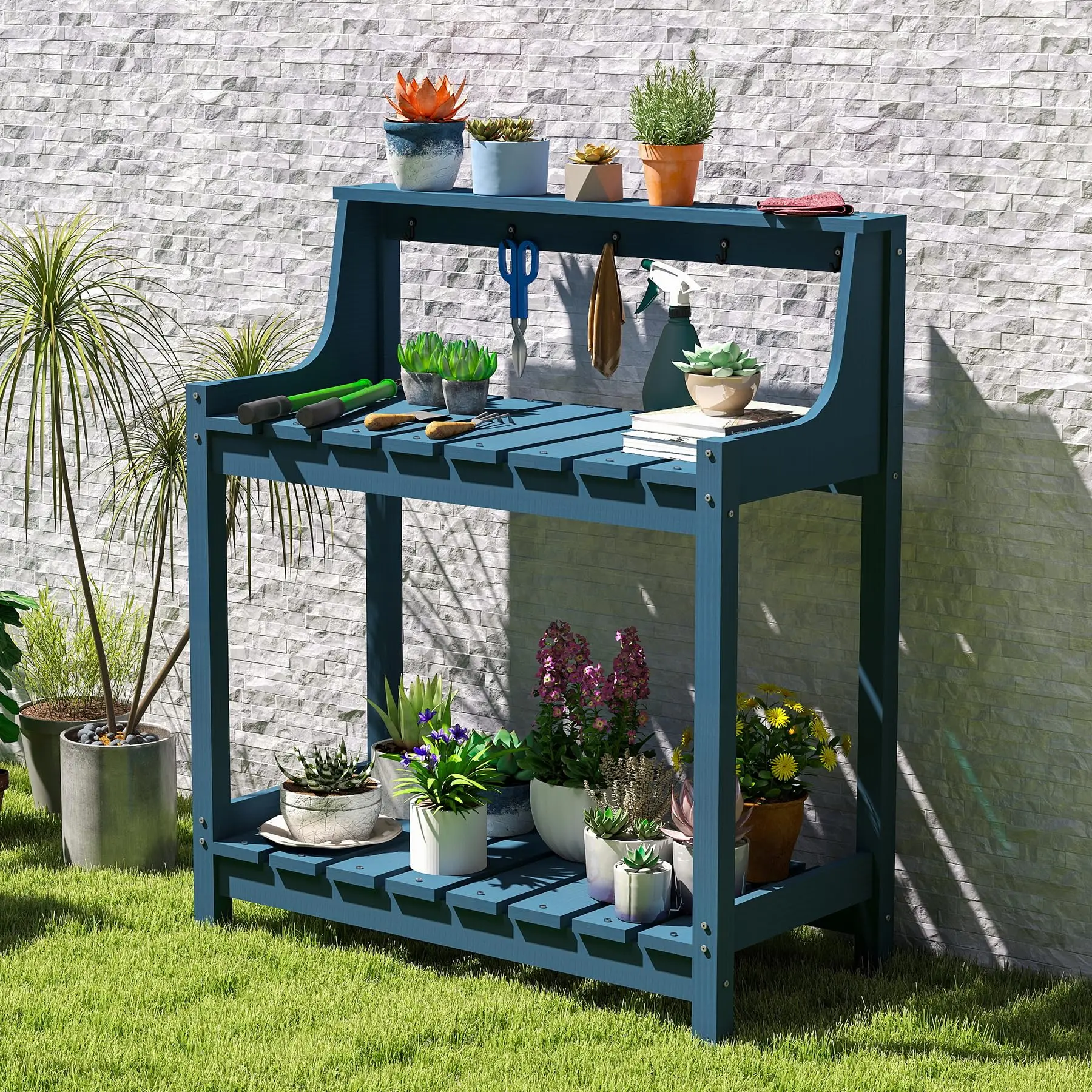 ！@Modern US STOCK Potting Benches & Table Outside HDPE Garden All Weather Outdoor Storage Patio Backyard Outdoor Blue