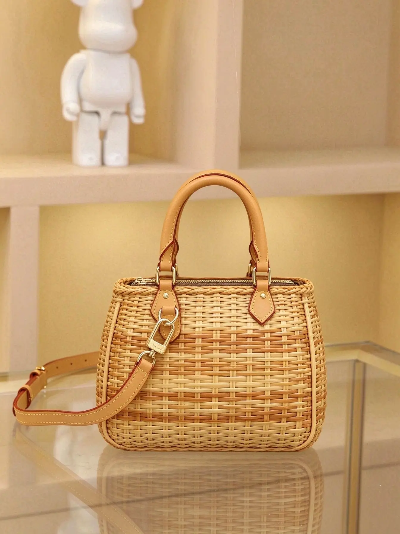 Women's Rattan Straw Woven Satchel Bag Top Handle Handbag Removable Shoulder Strap Casual Holiday Crossbody Purse