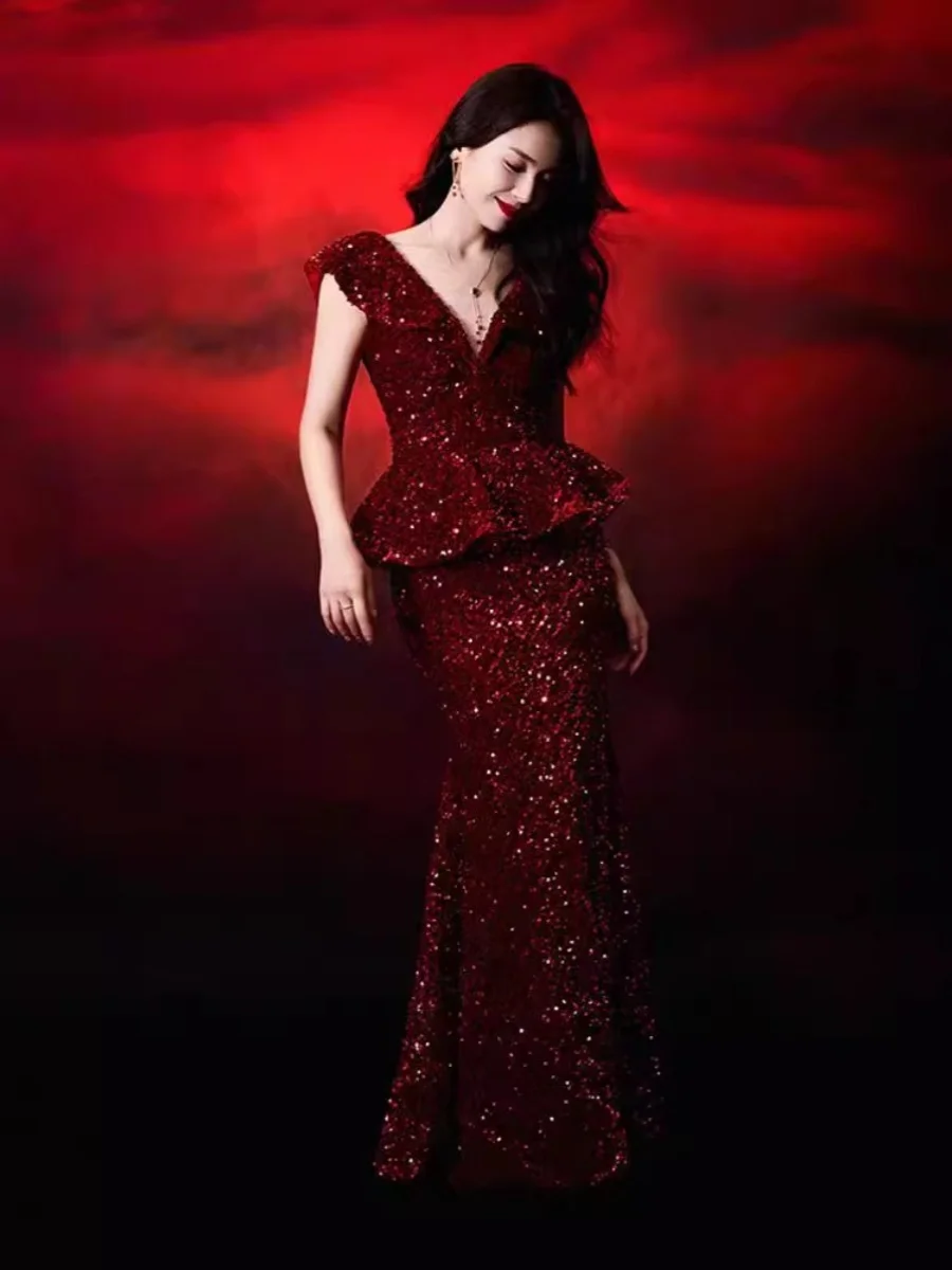

Sexy Bride Wine Red Sequin Fi Tail Dr Wedding Engagement Par Host Women's Faion Velvet Fabric Long Sve Gown