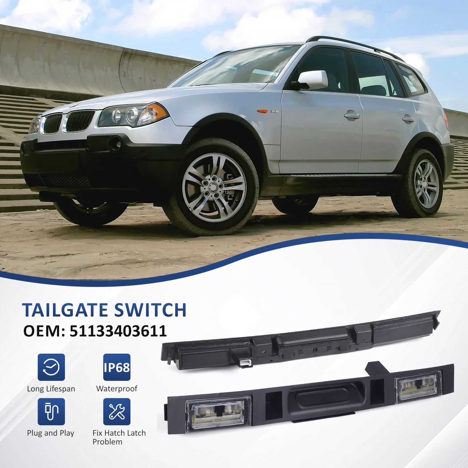 

51133403611 Black 12V 5A Plastic Metal Tailgate Switch Assembly For BMW E83 X3 2004-2010 Trunk Lid Rear Handle With Key Button