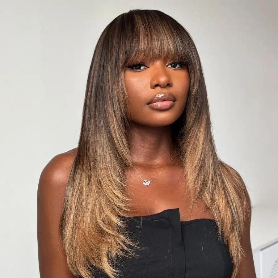 Brown Mix Blonde Highlight With Bang HD Lace Human Hair Wig Clearance Glueless Light Brown with Blond Highlights 22 Inch Wigs