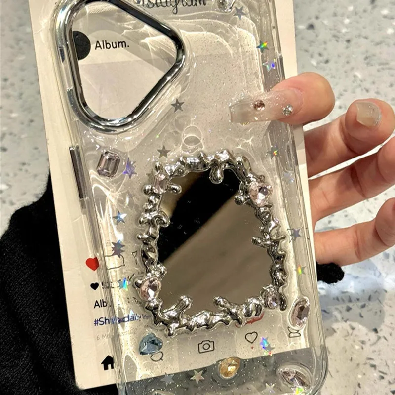 3D Rhinestone Mirror Transparent Phone Case Hanging Chain for IPhone 16 Pro Max 16 15 Pro 14 13 Anti Drop Protective Back Cover