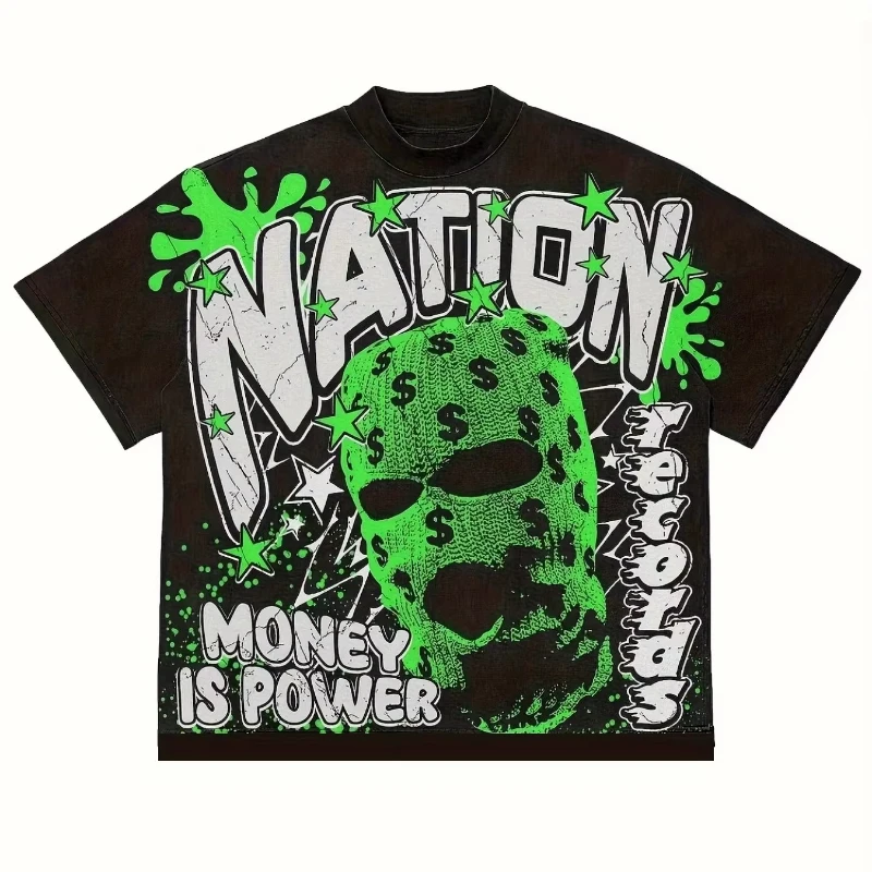 تي شيرت قناع جرافيك للرجال والنساء من القطن لثقافة الشارع، طباعة هندسية جريئة، مقاس عادي، بأكمام قصيرة ورقبة دائرية، تي شيرت كاجوال #2