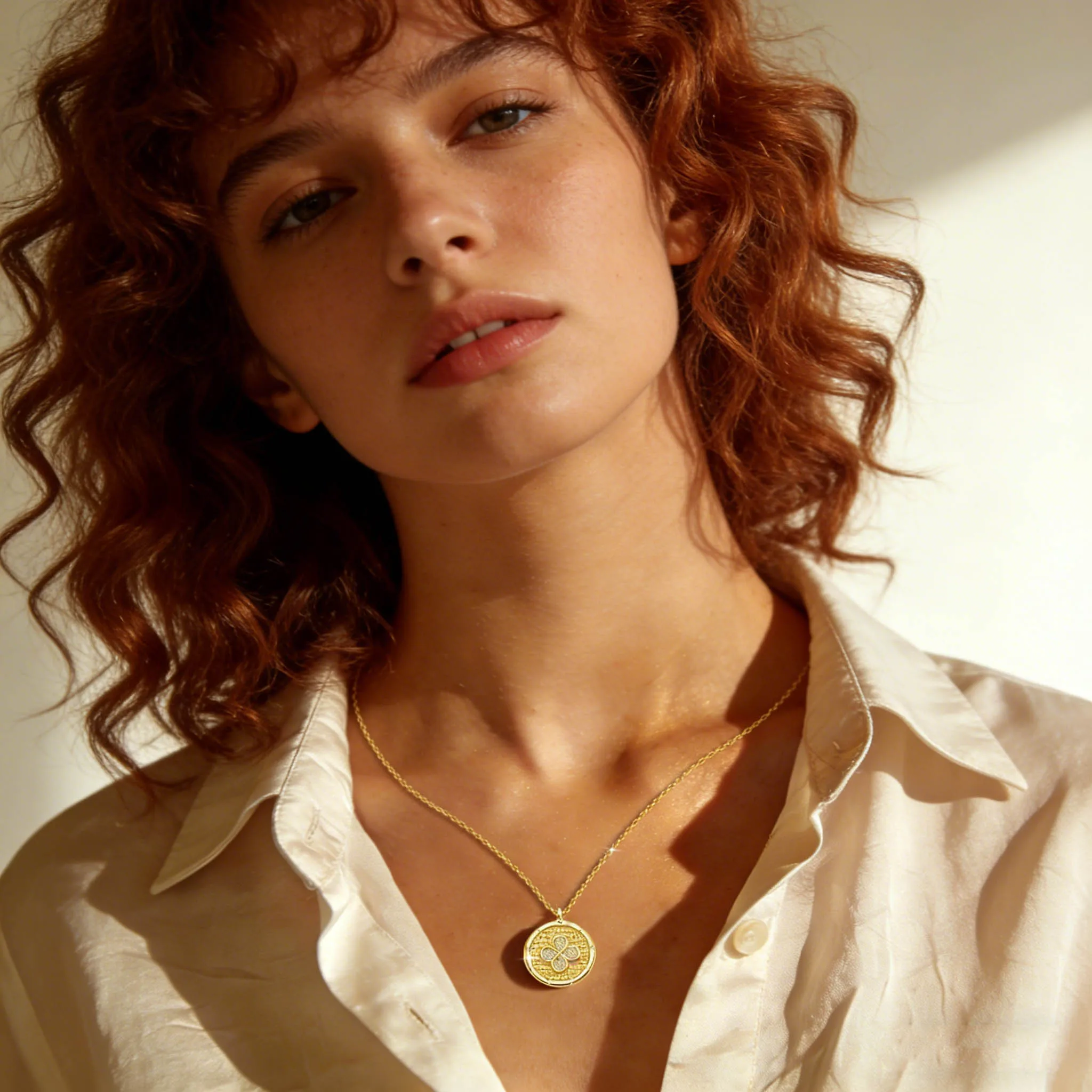 Real 14K Gold Filled Infinity Medallion Moissanite Pendant Necklace Four-Leaf Clover Statement Jewelry for Women Daily Wear