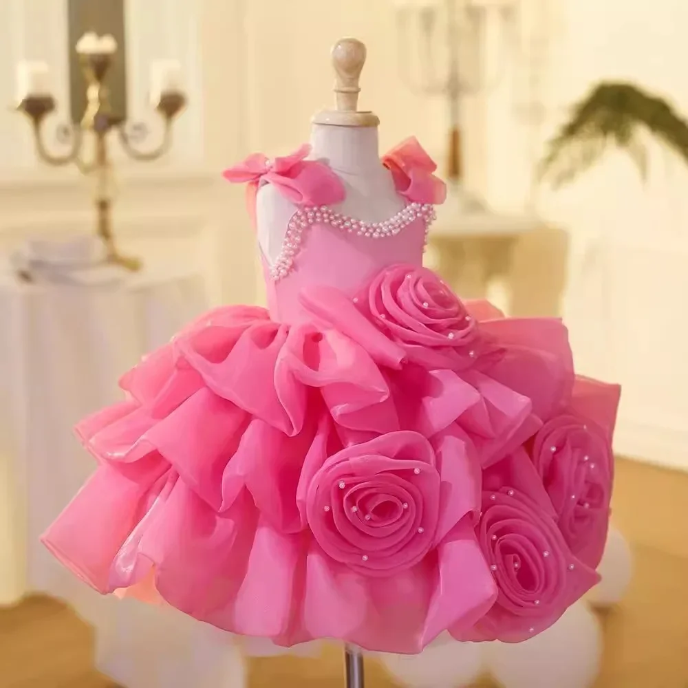 Vestidos de luxo personalizados para meninas, vestidos para casamento, princesa rosa, crianças, laço de pérola, vestidos infantis, vestido de festa de aniversário infantil