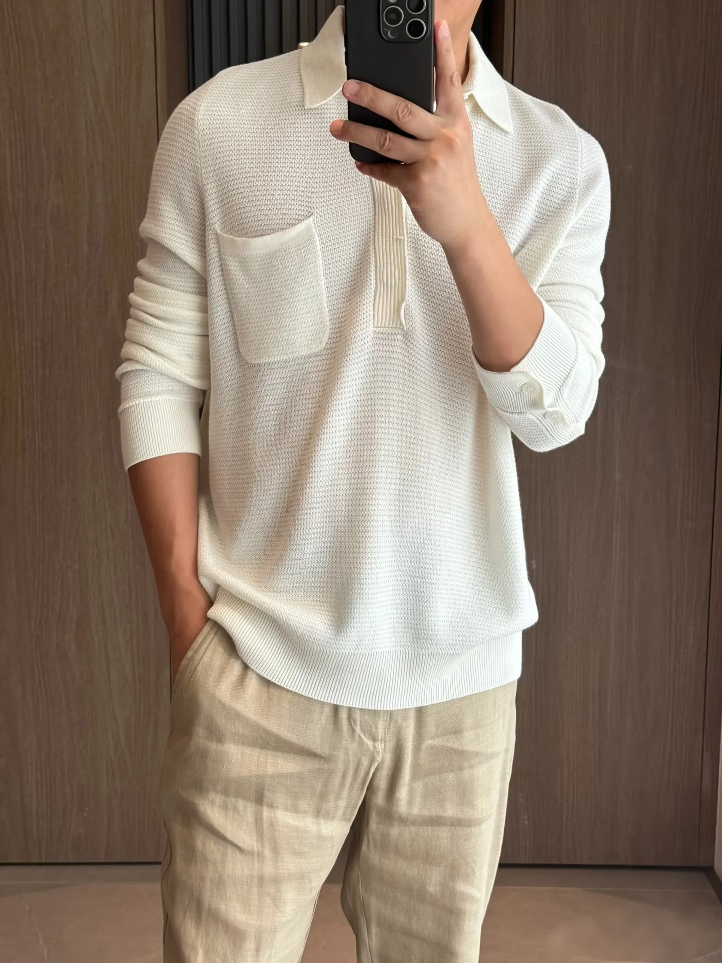 

Italian Sle Men's Knitted Long Sve irt Casual Loose Fit Comfortable Cotton Sweatirt Busin Casual Versatile