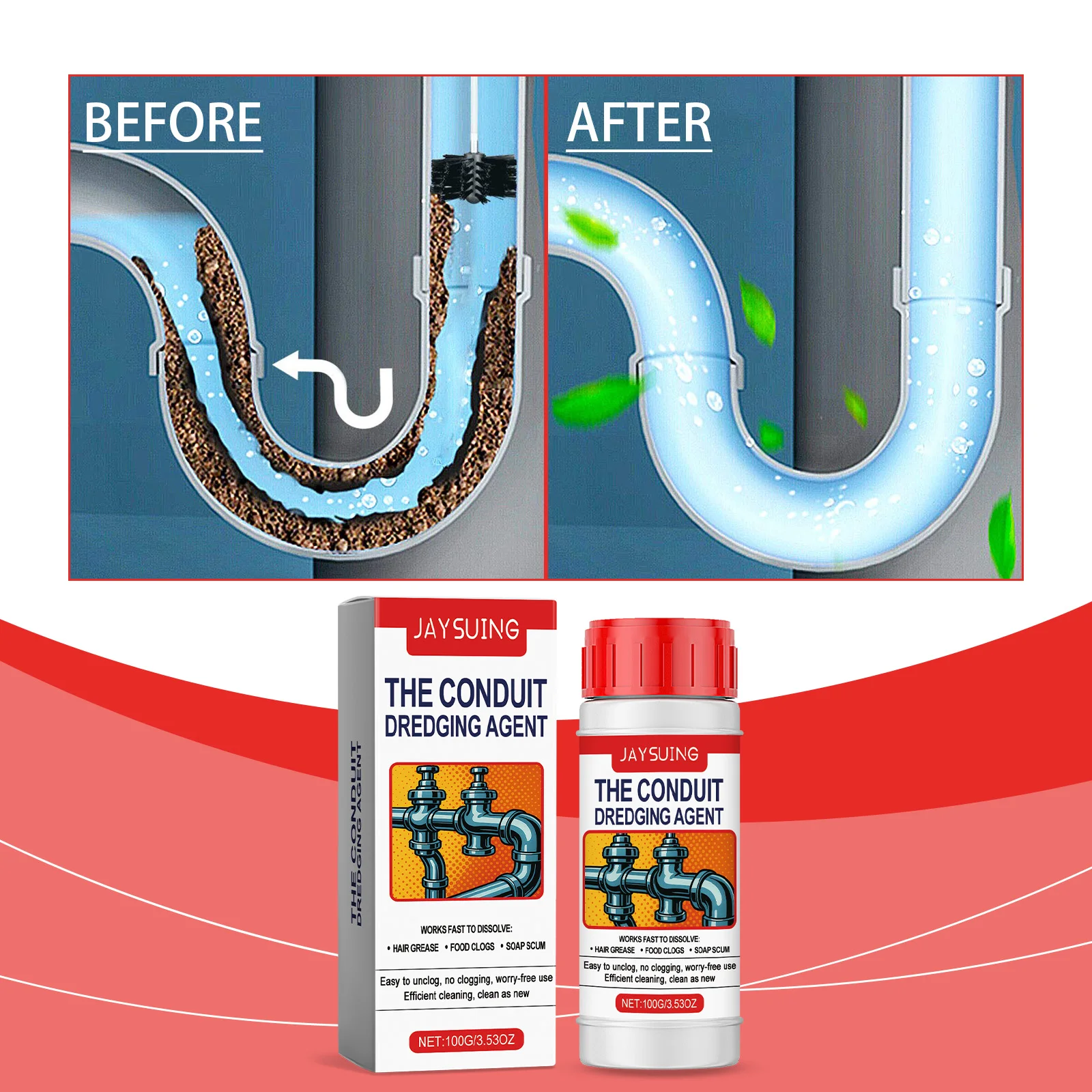 Pipe Cleaning Agent Hair Eliminator Clog Remover Household Cleaner 100g Odorless Formula Safe For Pipes Shower Sink Toilet Tub