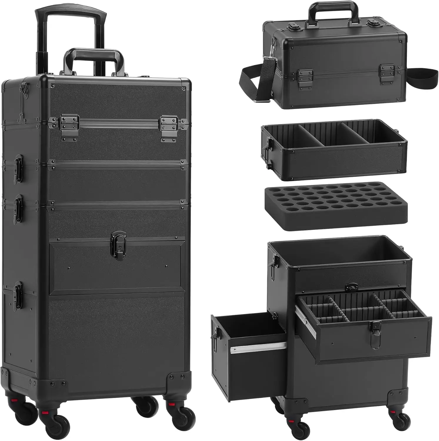 

4 in 1 Rolling Makeup Case with Drawer and Professional Cosmetic Organizers for Salon Barber