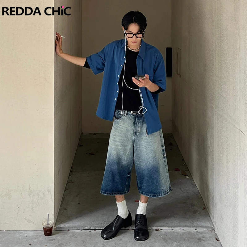 ReddaChic Brushed Blue Gradient Baggy Jorts Men Low Waist Whiskers Frayed Oversize Straight Denim Shorts Vintage Casual Clothes