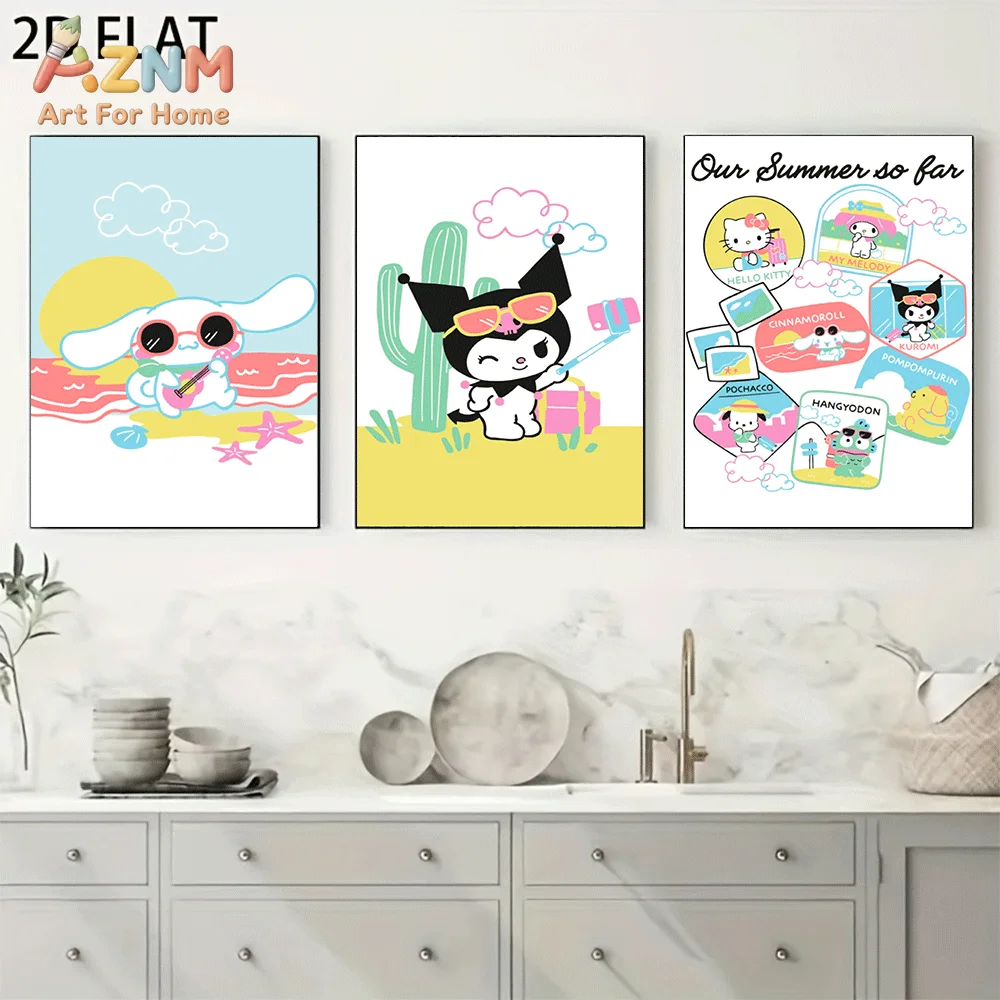 AZNM Sanrio Characters Canvas Wall Art Unframed Cute Cartoon Print Poster Summer Beach Cactus Kuromi Cinnamoroll Travel Sticker