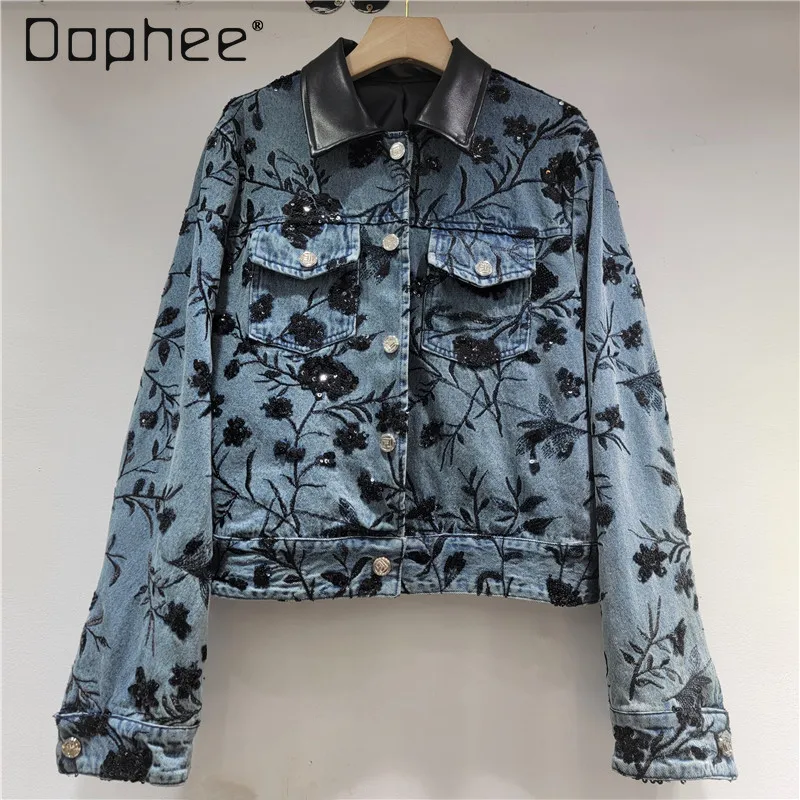 

Sequin Flower Embroidery Denim Jacket Women 2025 New Fashion Heavy Craft Design Sense Leather Collar Short Denim Jacket