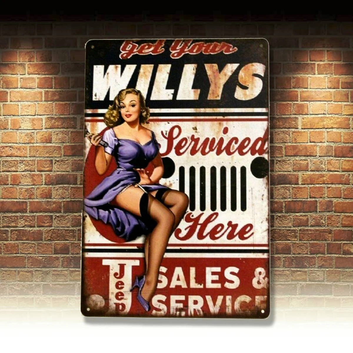 

New Willys Service Tin Poster Sign Pinup Girl Man Cave Vintage Style Garage wall decor metal wall decor