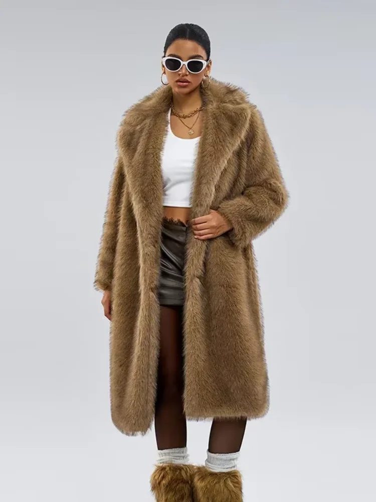 

Fashion Luxury Faux Fur Overcoat Lady Casual Fluffy Solid Lapel Long Sleeve Loose Cardigan Jacket Winter New Winter Holiday Wear