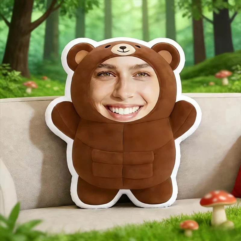 Custom Face Brown Bear Cushion, Personalized Upload Human Face Animal Pillow, Birthday Valentines Surprise Gift for Him Her