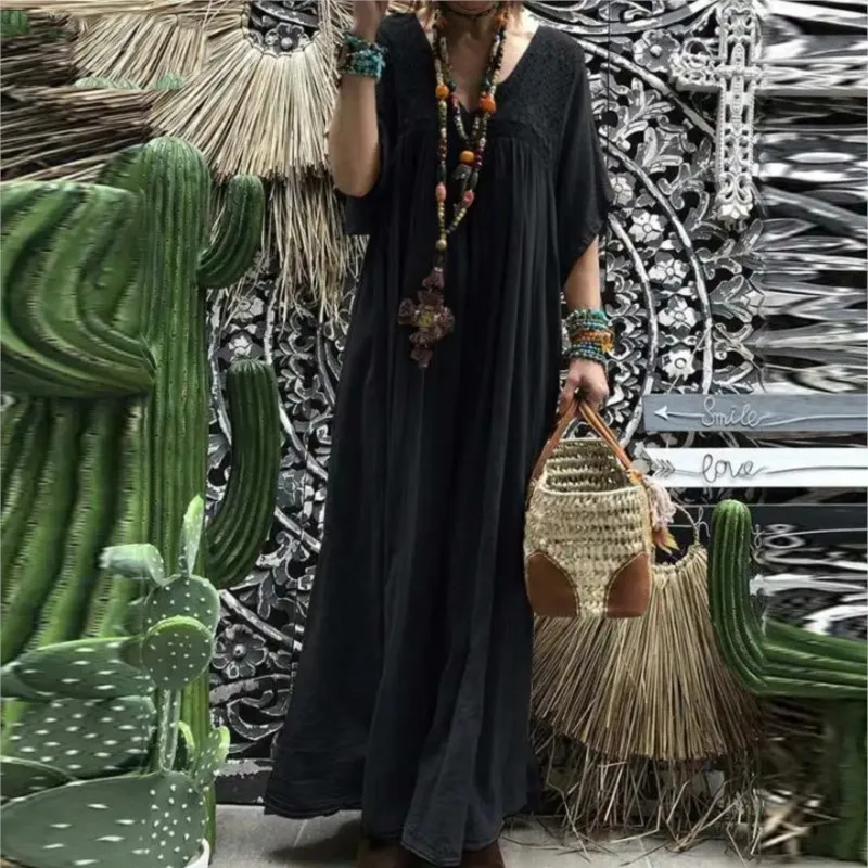 Robe longue en coton pour femmes, style Boho, décontractée, col en v, dentelle creuse, demi-manches, couleur unie, Maxi, mode été