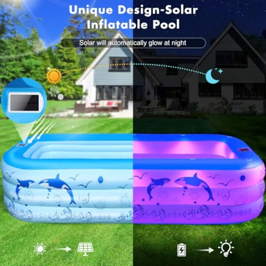 Backyard inflatable pool for kids and adults PVC blue thickened material solar-powered lights oversized 100x63x20 upgraded 2026