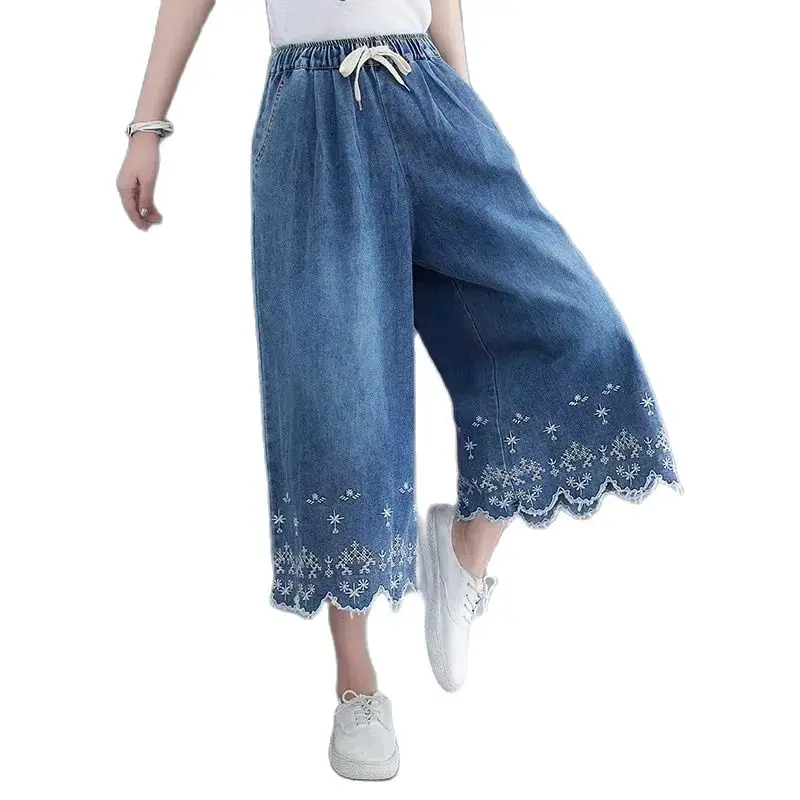 

Gentle Wind Fashion Embroidery Elastic Waist Wide Leg Jeans 2022 Summer New Loose Cover The Flesh Female Cowgirl Cropped Pants