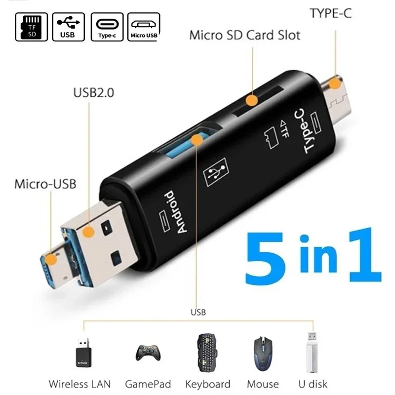 5 In 1 Multifunction Card Reader Type C/USB /Micro USB/TF/SD Memory Card Reader OTG Card Reader Adapter Mobile Phone Accessories